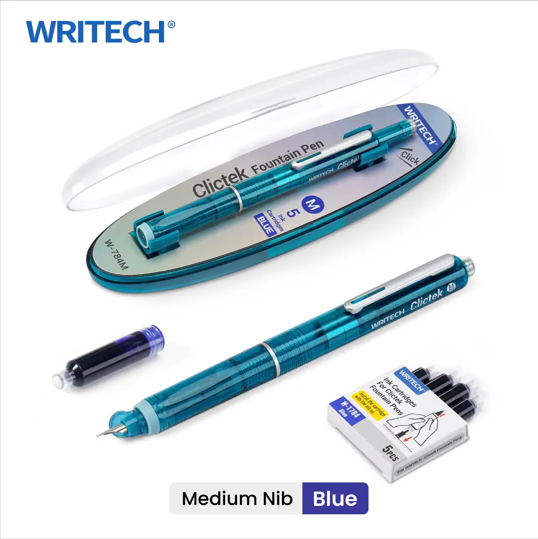 WRITECH Clictek Fountain Pen Set Retractable Style Blue Ink Medium Nib Transparent Barrel, Includes 5 Ink Cartridges for Gift Set Writing Tools Statio