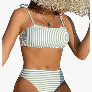 Green and White Striped Bikini with French Cut Bottom for Women