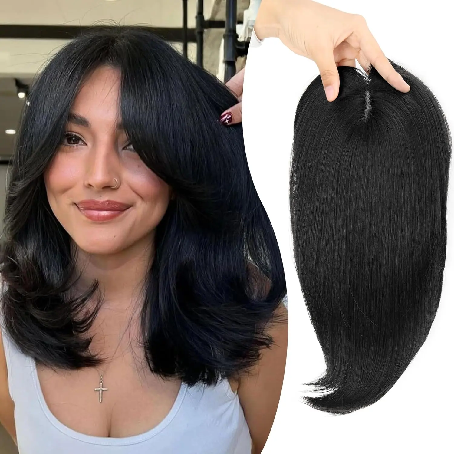 Synthetic Hair Topper Fluffy Premium Synthetic Extensions & Pieces, 14-in Free Parting Natural Straight Clip-In Crown, 3D 360° Breathable Base, Invisible Fit, Boost Volume for Thinning Hair Grey Root Coverage