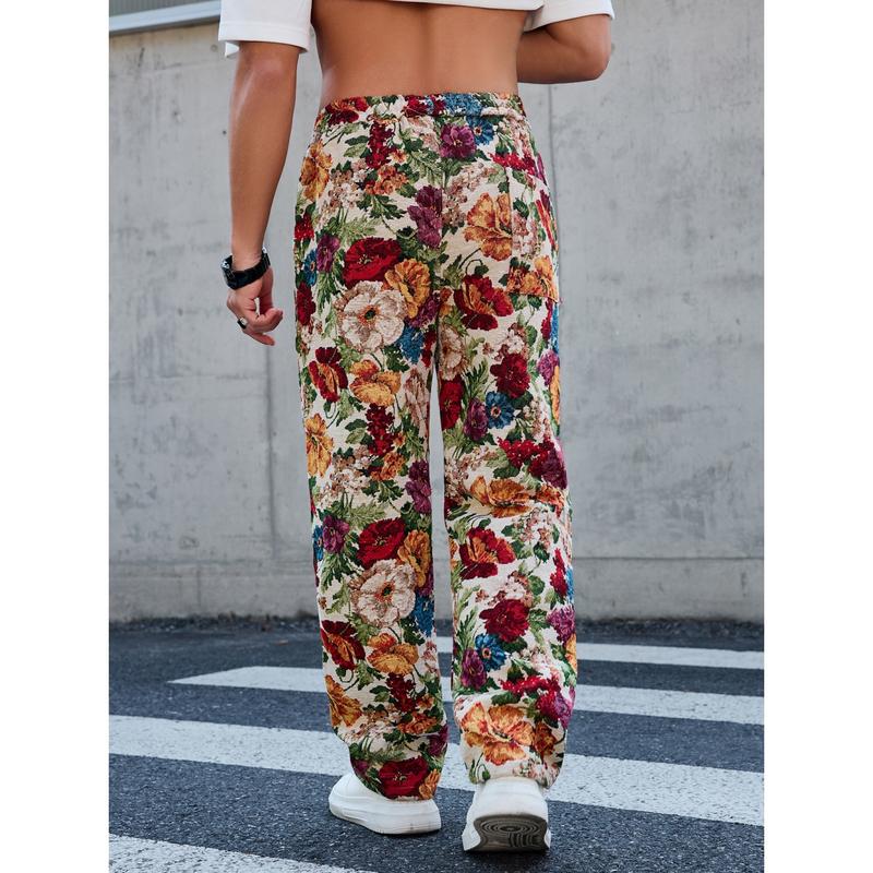 Drawstring Loose Comfortable Floral Men's Trousers with Vibrant Print Easy Fit for Everyday Wear and All-Day Comfort
