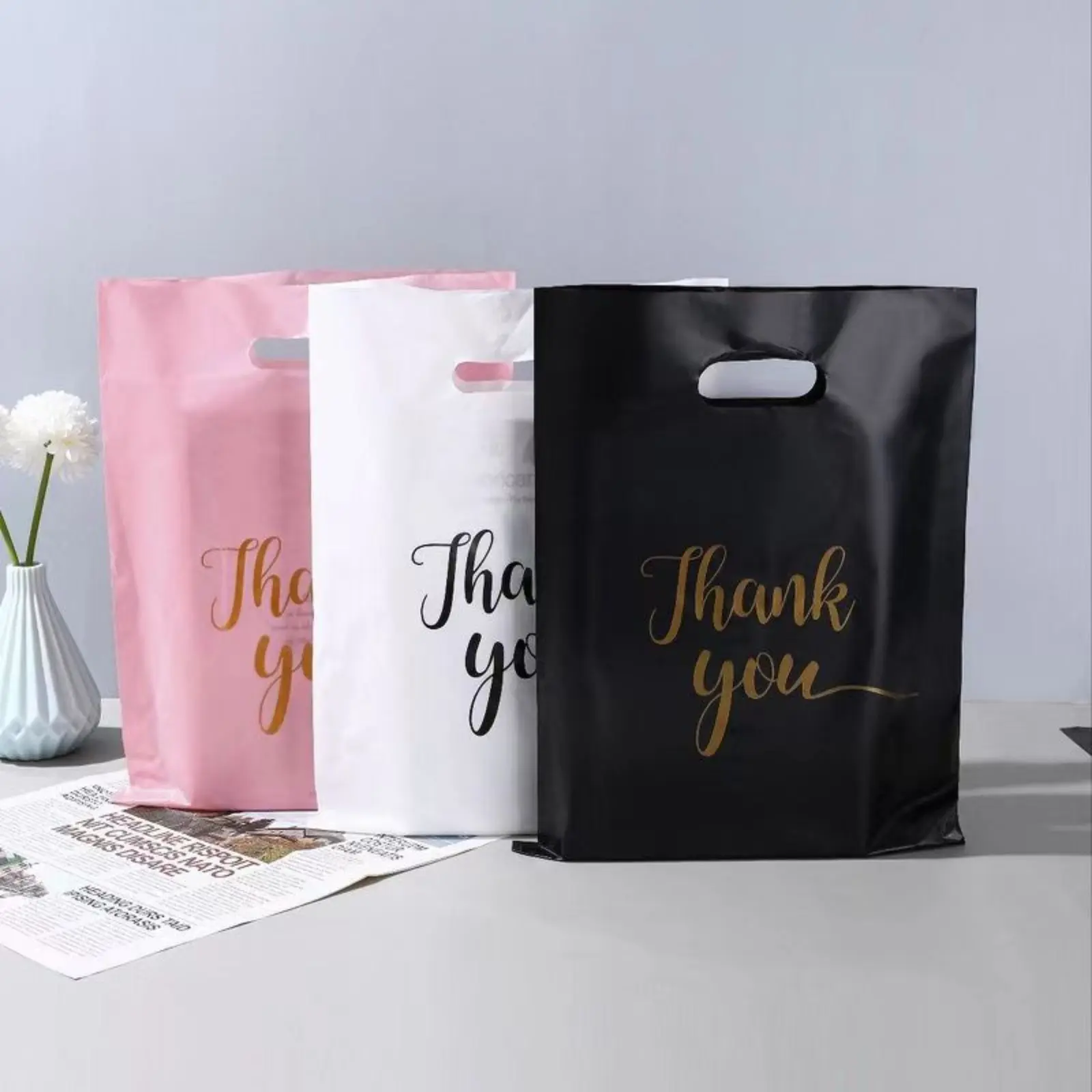 Thank You Gift Bag, 100pcs/pack Plastic Gift Handbag, Gift Wrapping Bag, Elegant Packaging, Premium Packaging, Shopping Bag, Candy Bags, Decor Gifts, Gift Wrapping Supplies