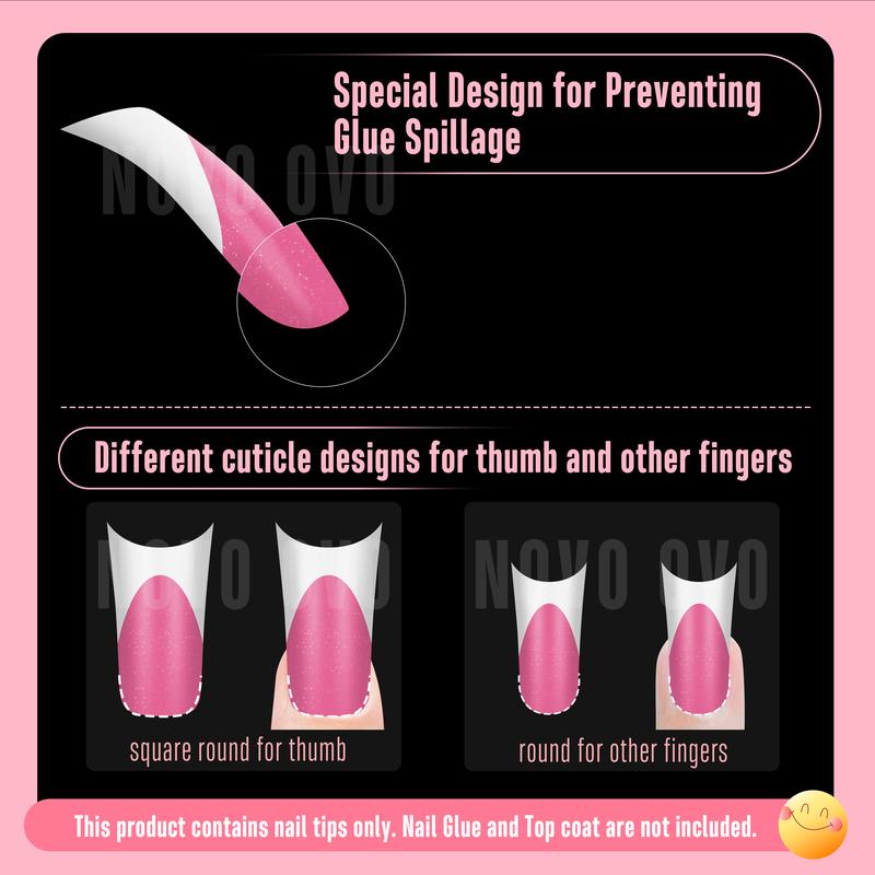 NOVO OVO Duck Nail White French Tips Press On ROSE PINK with Glitter, Full Cover Acrylic with Moon Curve, Medium Thick Pre-Etched Flare Wide Soft Gel False Nail Extension x 15 Sizes 150 pcs【NO GLUE ,TOP COATAND LAMP INCLUDED】