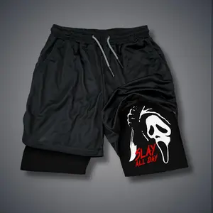 Ghostface 80s 90s Double-Layer Sports Shorts Graphic Shorts Black Camo Streetwear Shorts Men Outfits Men Vacation Outfits Shorts