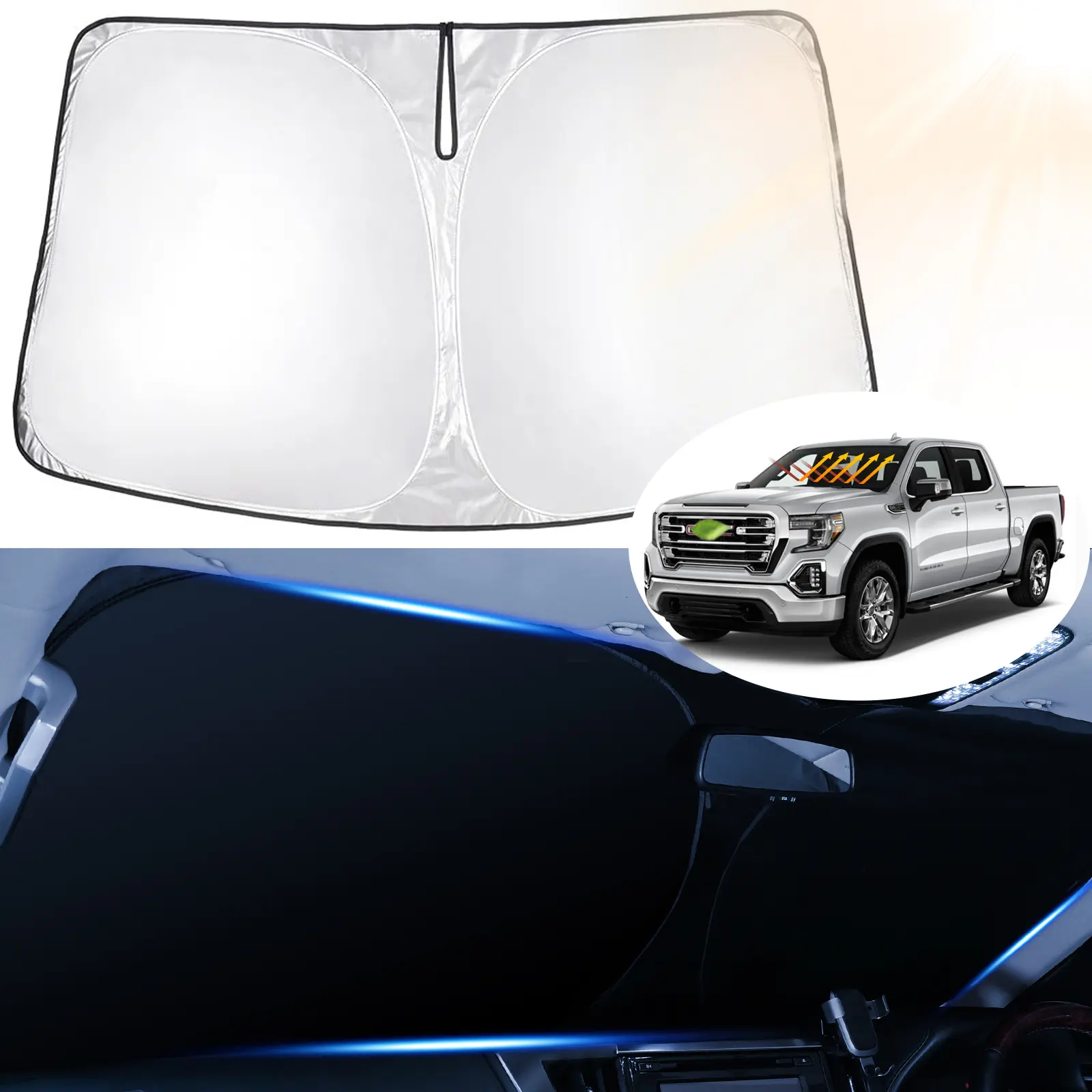 Canvcle Durable Sun Shade for 2019-2026 Chevrolet Silverado/GMC Sierra 1500 2500 3500, Exterior UV-Protective Windscreen Cover, Foldable Vehicle Accessory, Sunshade for Car Outside, Car Sun Protection Solution, Blocks 99% UV Rays, Window Cooler