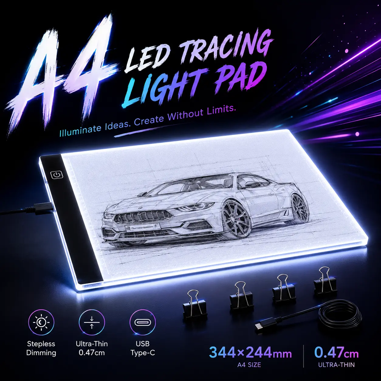 A4 LED Light Pad Lamp Table (9.45x5.9in) with USB Cable, 3-Level Dimming, High-Brightness Eye-Protection, Versatile Art Supplies for Diamond Art Supplies, Painting, Drawing Tasks