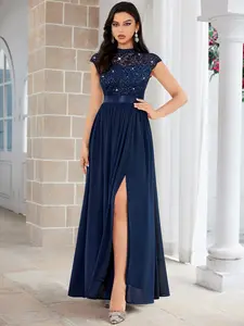 Miusol 24420A Women's Bridesmaid Dress V-Neck Ruffle Sleeves Ruched Bust Floor Length Chiffon Formal Dresses Womenswear Comfort