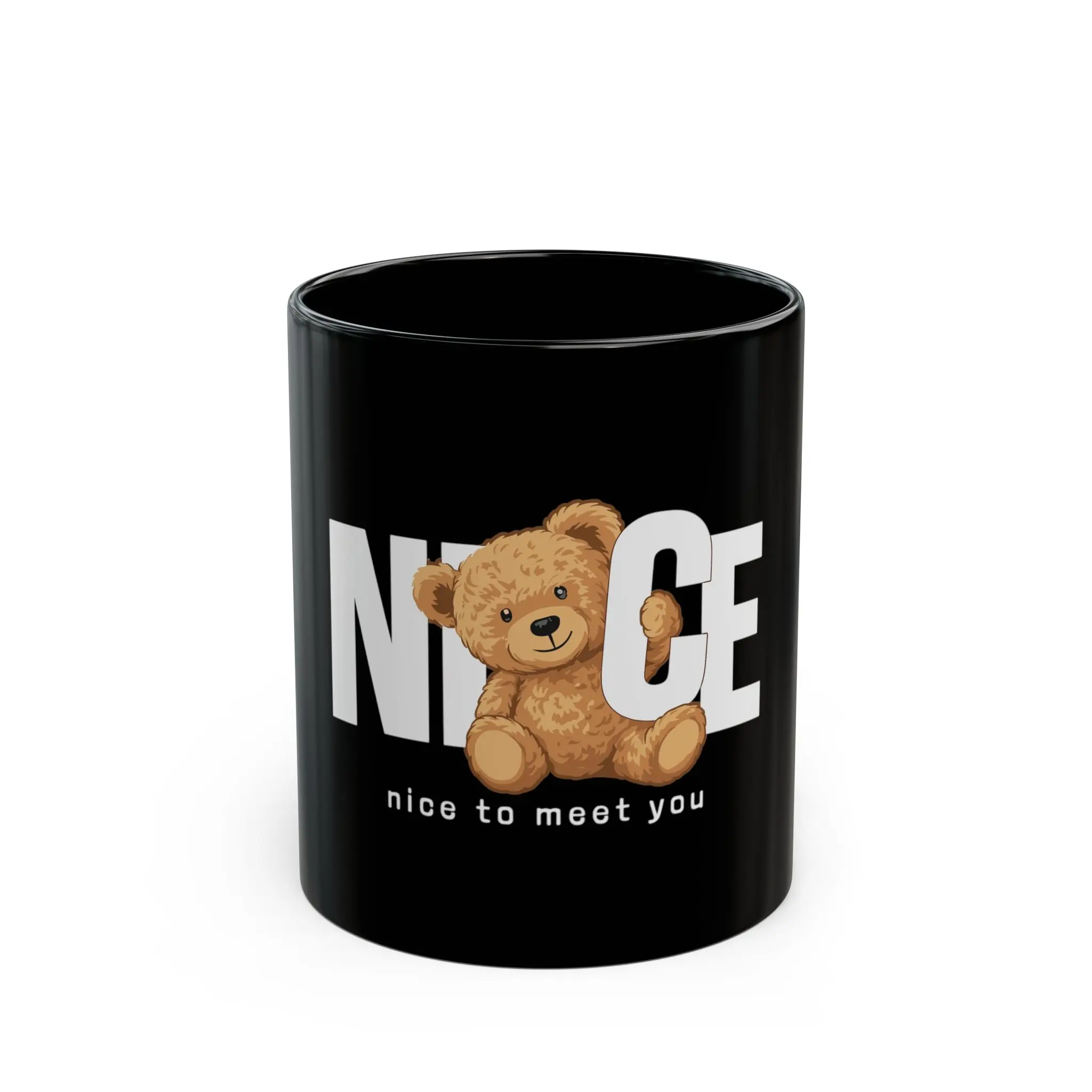 Teddy Bear Nice to Meet You Mug | Black Ceramic Coffee Cup