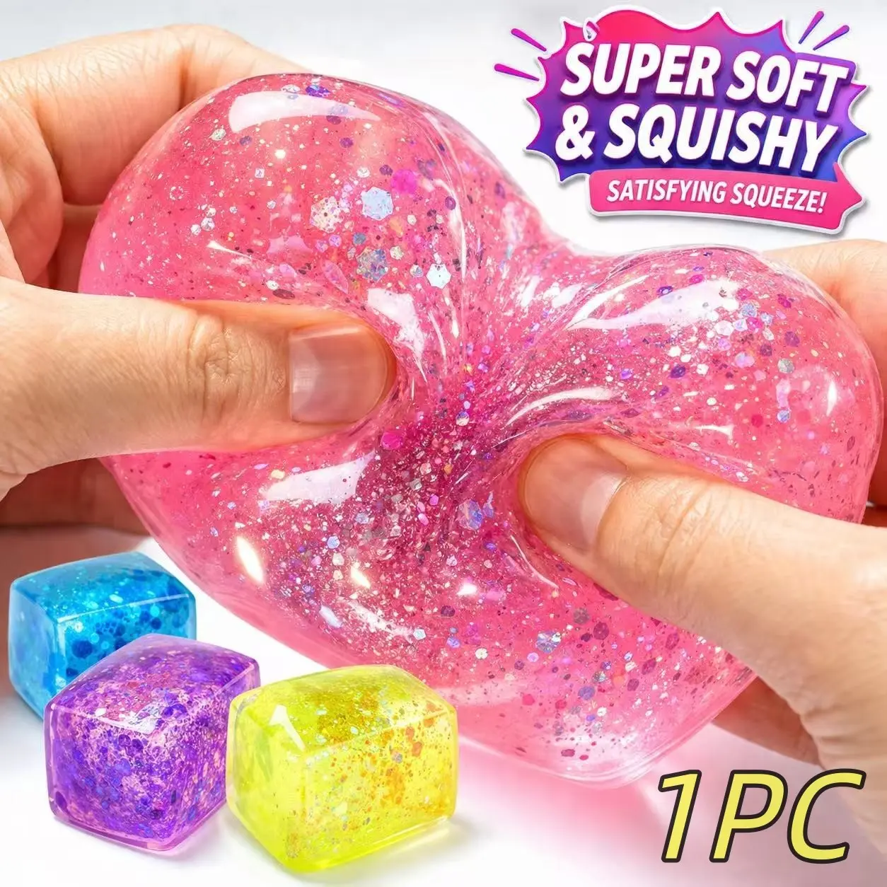 Jelly Squishy Cube Stress Relief Toy – Super Soft Squeeze, Slow Rising Sensory Fidget, Glitter Clear Squish Soft Sensory Squishies for Kids & Adults, Party Favor Gift, Decompression Sensory Fidget