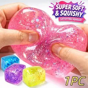 Jelly Squishy Cube Stress Relief Toy – Super Soft Squeeze, Slow Rising Sensory Fidget, Glitter Clear Squish for Kids & Adults, Party Favor Gift