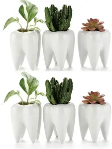 6 Pack Tooth Shaped Planter Pots, Small Cute Flower Plant Containers, Mini Ceramic Succulent Planter Pots, Creative Pen Pencil Holder for Desk Decor