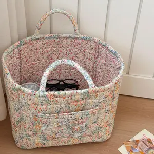 Quilted Fabric Storage Basket Boho Floral Laundry Baskets with Handles Collapsible Quilted Soft Basket for Car, Clothes, Toys Storage
