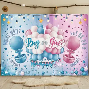 Party Banner 1pc Blue And Pink Stars Dots Balloons Background Decoration Photo Props Polyester Banner Decor Home Room Wall Party Background Ornaments