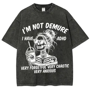 "I'm Not Demure I Have ADHD" Skull Printed Washed Tee 90's Vintage T-Shirt Summer Outfit Casual Soft Top for Everyday Wear Women's Graphic Streetwear Bold Statement Tee Crewneck