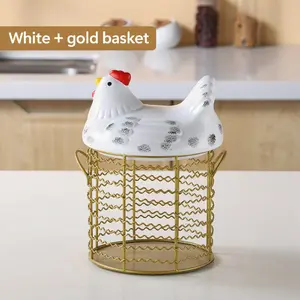 Fresh Egg Collection Basket with Handle, Vintage Style Metal Wire Creative Hen Shape Ceramic Egg Storage Box Tray, Kitchen Countertop Organizer