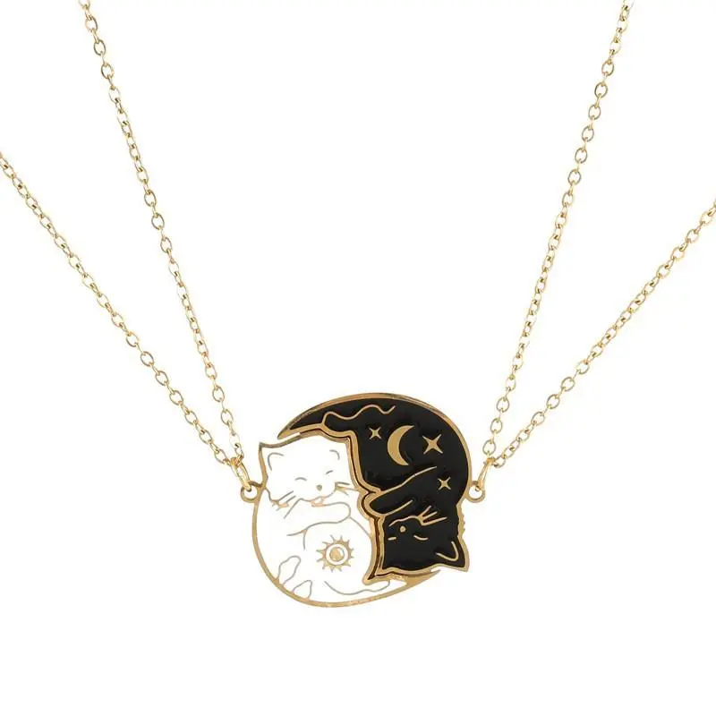 Cat Couple Necklace for Lovers 2Pcs Matching Enamel Sun Moon Pendant Friendship Stainless Steel Chain Jewelry Valentine Best Friend Gifts