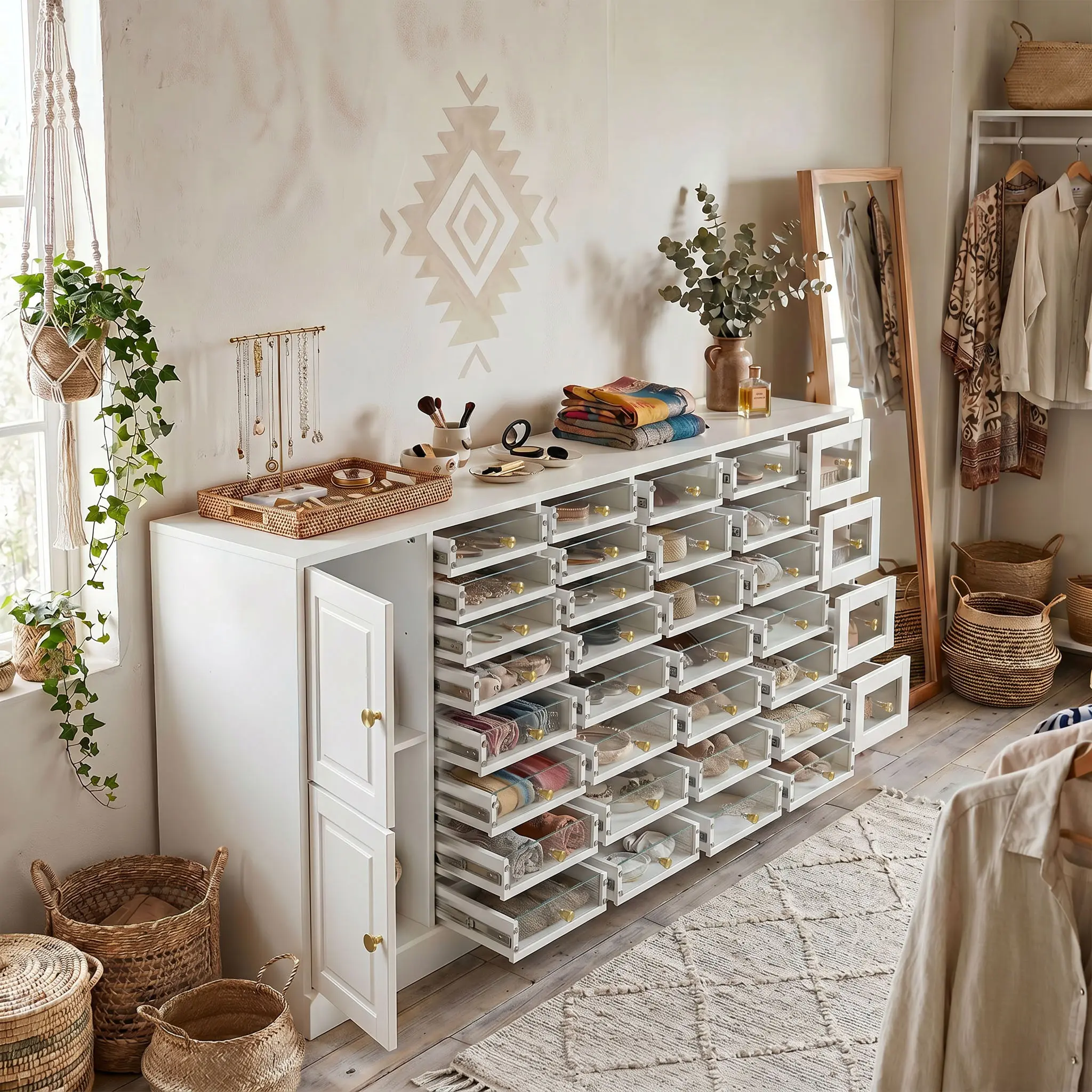 FUFU&GAGA White Multi-Grid Nail Tech Storage Cabinet with Tempered Glass Drawers, Large Capacity Salon Nail Supply Organizer Dresser with Brass Round Knobs, Freestanding Manicure Pedicure Station Storage Chest