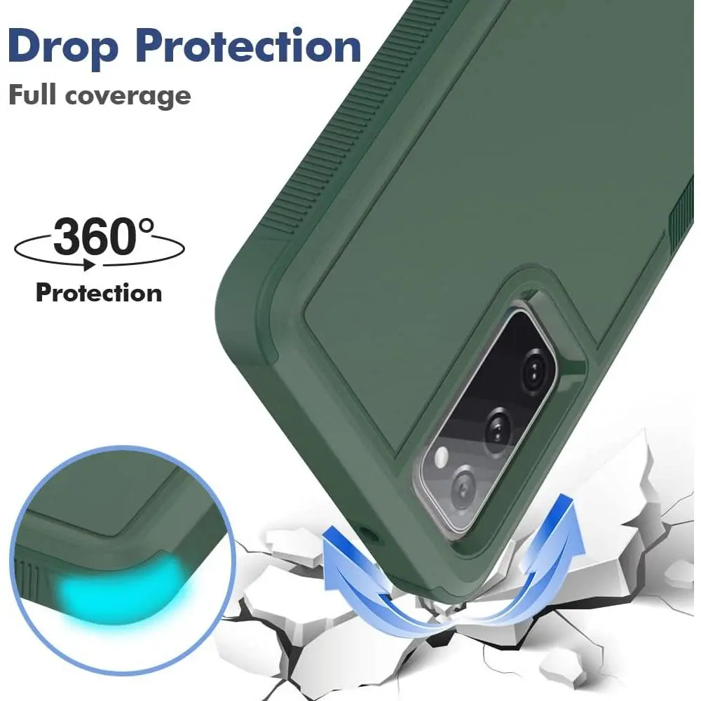Military Grade Drop Tested Polycarbonate & TPU Rubber Case for Samsung Galaxy S20 FE 5G - Dual Layer Heavy Duty Protection Accessory, Flexible Inner, 360 Degree Non-Slip Shockproof Cover with HD Screen Protector (Dark Green)