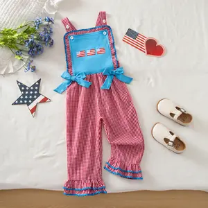 Toddler 4th Of July Outfit Girl Independence Day Overalls Romper American Flag Embroidery Ruffle Gingham Jumpsuit