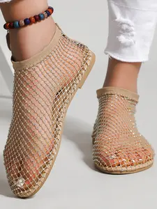 Large Size Sparkling Ballet Flats, Walking Shoes, New Women Flat Shoes Hollow Out Mary Jane Single Shoe, Breathable Low Top Baroque Style