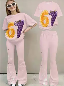 Gradient Colorblock Short Sleeve Set, Simple Comfort Grape Number Print Bell Bottom Pants Two-Piece Suit