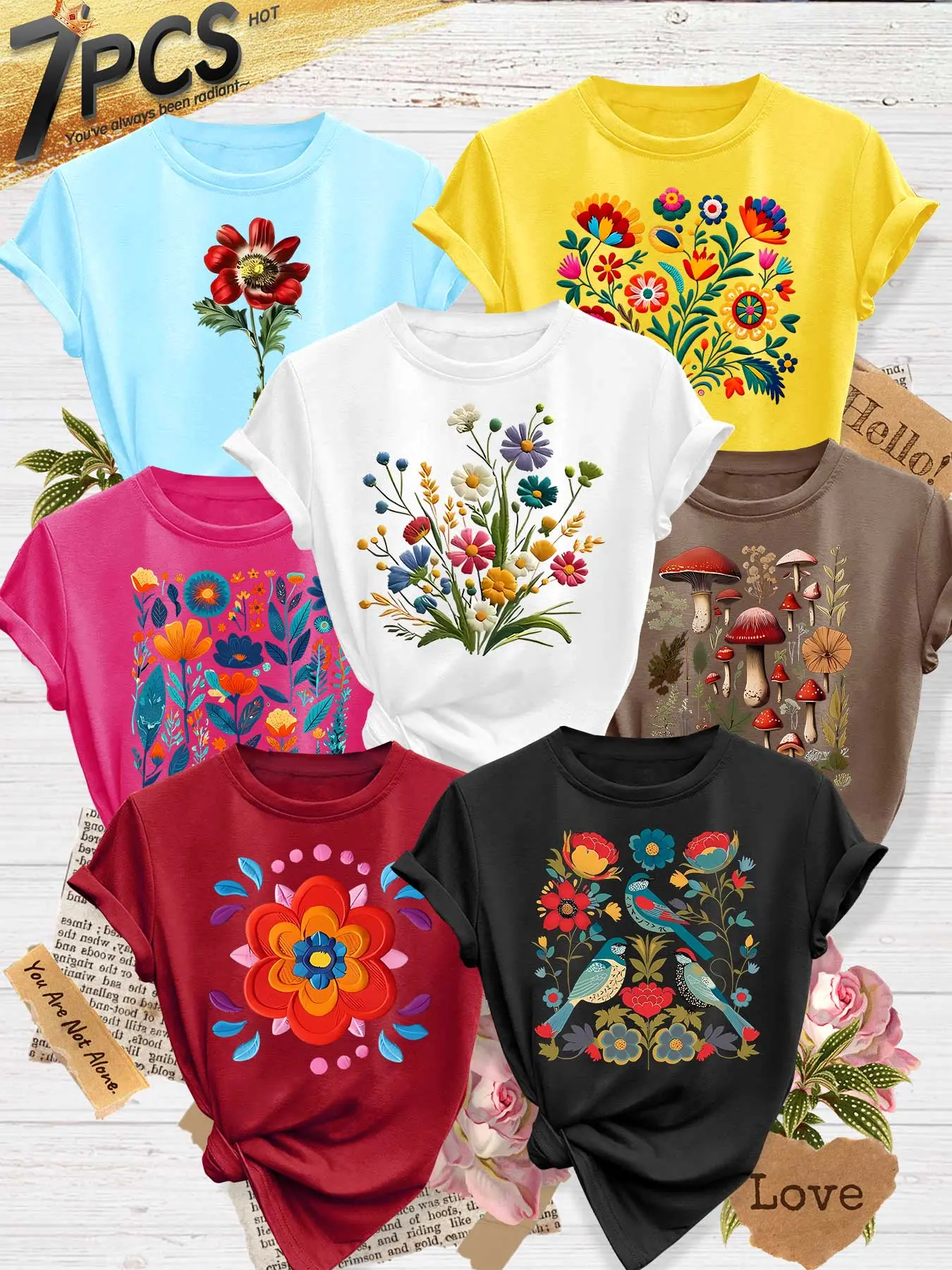 Women's 7-Pack Crew Neck T-Shirts, Floral, Mushroom & Folk Art Print, Multiple Colors Available, Machine Washable, Spring & Summer Top, Soft Skin-Friendly Fabric, Daily Versatile, Fashion Design, Casual, Womenswear