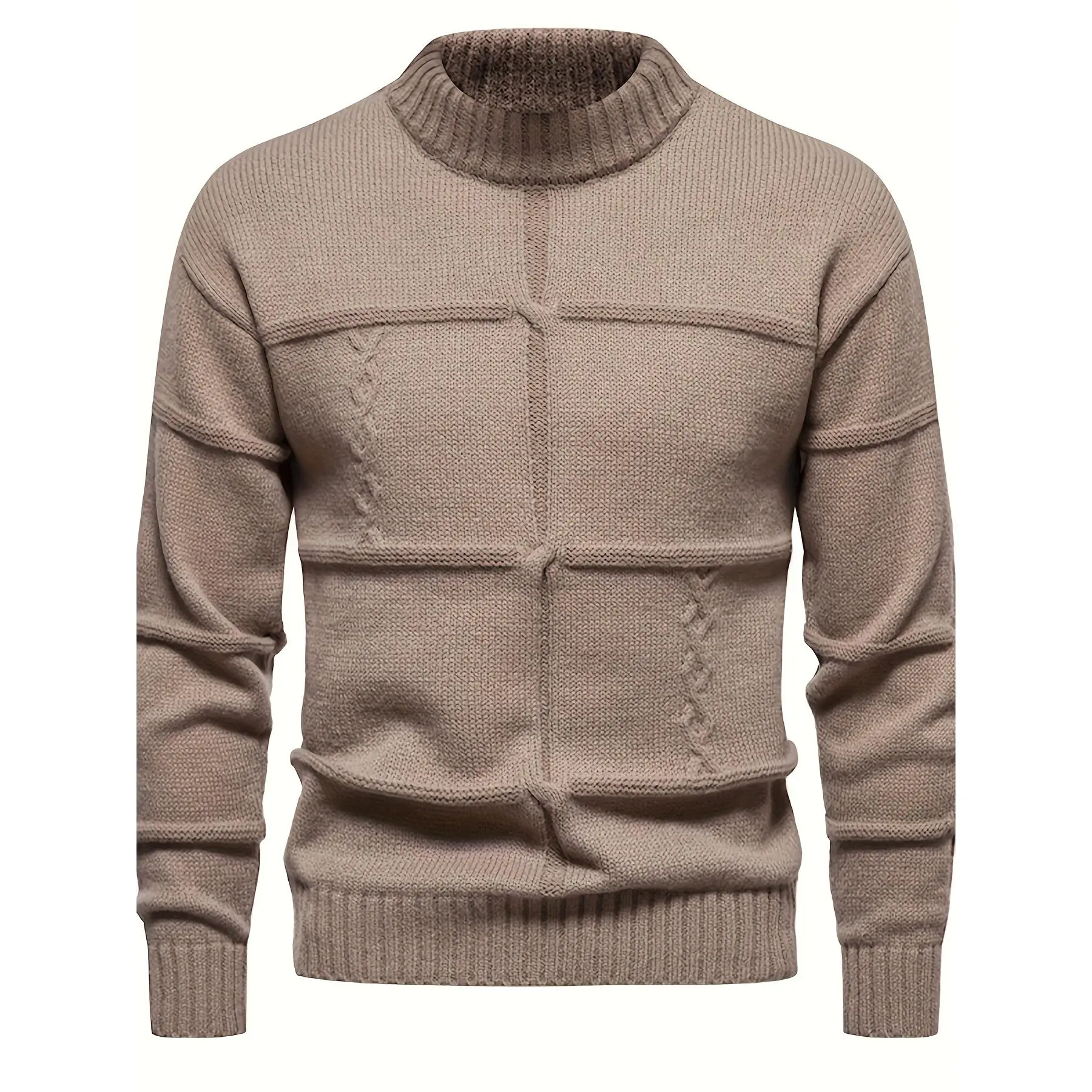 Men's Classic Solid Color Knit Sweater - Casual Long-Sleeves Knitwear Top for Autumn Winter, Soft Non-Irritating Fabric, Machine Washable (Plain Beige Knife Lawn), No Irritation