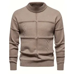 Men's solid color knitted pullover, casual long-sleeved crew neck sweater for autumn and winter.   Knife Lawn Plain Beige Menswear Knitwear