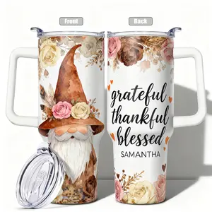 1pc, 40oz/30oz/20oz/14oz Stainless Steel Cup Watercolor Gnome Floral Double Wall Vacuum Insulated Cup, Leakproof Lid & Carry Handle Travel Mug for Outdoor Camping Hiking, Gift for Dad, Mom, Bro, Insulated Thermos