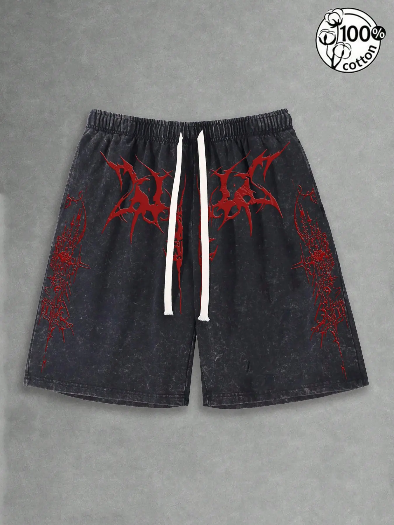 Unisex 100% Cotton Washed Vintage Gothic Death Metal Font Print Oversized Drawstring Waist 5" Inseam Shorts, Dark Street Style, Casual Graphic Shorts | Y2K Dark Aesthetic High Street Retro Streetwear Beach Gym Cotton Athletic Shorts