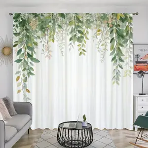 2Pcs Green Leaf Watercolor Curtains, Nature Botanical Print, Rod Pocket Style, Semi Sheer Polyester Fabric, Modern Farmhouse Design, Suitable for Living Room Bedroom Kitchen Office Window Treatment, Anti Privacy, Easy to Clean