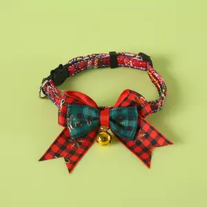 Christmas Pet Bow Tie Collar with Bell | Plaid Adjustable Breakaway Cat Collar | Festive Holiday Pet Accessories
