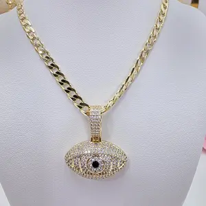 Xuping Evil Eye Rhinestone Eyes Pendant with 20-in Classic Cubans Chain, C25 Gold-Plated, Protective Good Energy Luck Fashion Jewelry, Exquisite Daily Wear Necklace Gift