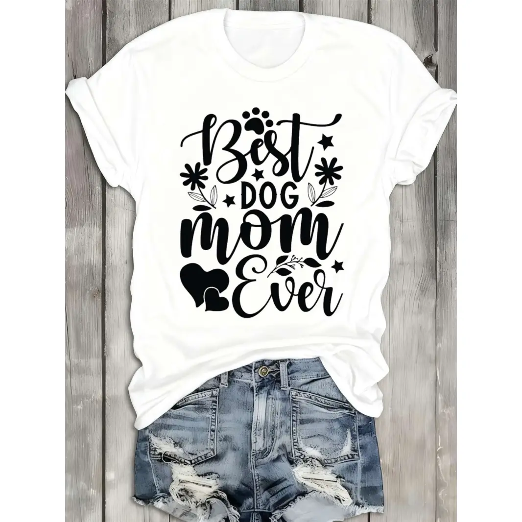 Best Dog Mom Ever Graphic Tee Womens Cotton Short Sleeve Shirt Cute Paw Print Lettering Casual Summer Top Gift For Dog Lovers Pet Mom Outfit