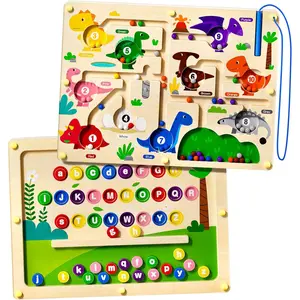 GJ P-JP07  2 in 1 Magnetic Color and Number Maze Double-Sided ABC Alphabet Puzzles Board Magnet Dinosaur Counting Maze Preschool Learning Montessori Education 3 4 5 Years Toys
