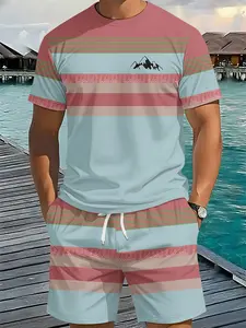 Men's 3D Digital Printed Two-Piece Set with Pink and Blue Stripes, Round Neck, 2Pcs, Trendy and Fashionable Set, Trendy Retro Casual Two-Piece Set, Vacation-style Trendy Outfit, Breathable Sporty Casual Style, a Perfect Holiday Gift for Men, Menswear, Top