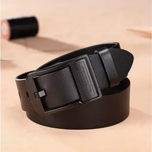 Men's Sleek Automatic Buckle Belt, Genuine Leather with Textured Square Pattern, Black Polished Alloy Buckle, Simple & Stylish Design for Casual Wear