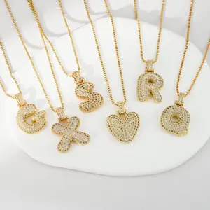 Glamour Sparkle Full Zircon(Artificial) Inlay 3D Golden Fat Balloon Bubble English Letter Pendant Necklace Unisex, Cute Personality Vintage Jewelry, Pop A-Z Caps Necklace, Homecoming/Birthday/Wedding/Everyday Decor, Exquisite Gifts for Girls/Friends