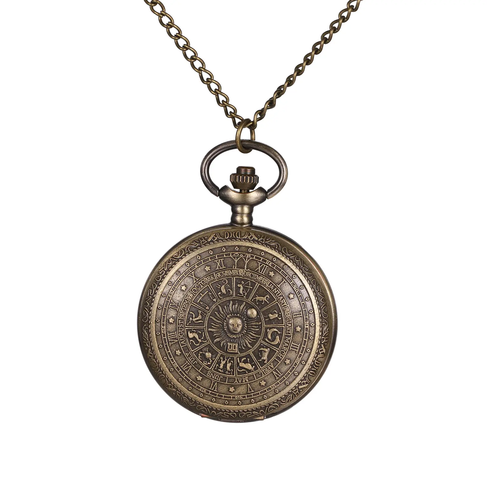 OIDEA Vintage Round Alloy Chinese Zodiac Emboss Analog Pocket Watch - Unisex Fashion Accessory, Round Face, Arabic Numeral Dial, 30.7in Chain Necklace Fob, Collectible, Water Resistant, Ethnic Antique Bronze