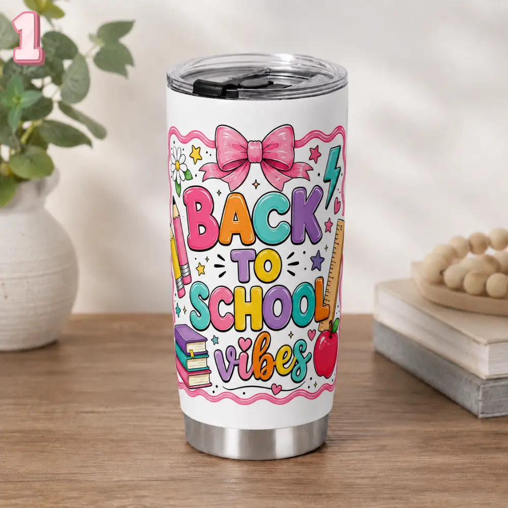 Back to School 20oz Stainless Steel Tumbler with Lid, Colorful Full-Wrap Travel Cup, Reusable Drinkware for Teachers, Students and School Gifts