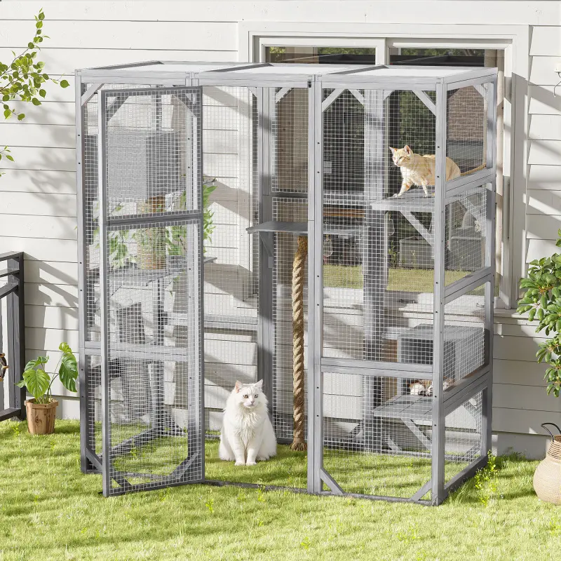 Outdoor Cat House, DIY Cat Enclosure, Cat Catio with Double Enter Doors, 62.8"L x 32.2"W x68.5"H Balcony Cat Playpen with Platforms and Two Condos for 1-3 Cats, Light Grey   WL RR Wooden Kennel Kittens Tree