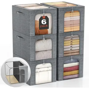 Clothes Storage Bin with Metal Frame: 6-Pack Stackable Closet Storage Bin with Lid & Clear Window, Sweater Boxes Storage for Closet Bedding Clothing Storage Organizer 40L