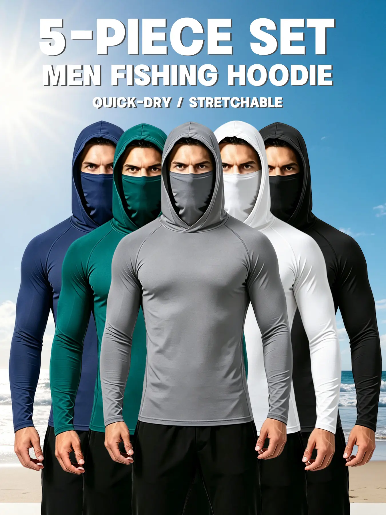 Men's 5-Piece Plain Polyester Casual Hoodie Pullovers with Built-in Mask, Compression Slim Fit Long Sleeve, Lightweight UPF Sun Protection, Soft Breathable, All Seasons, Machine Washable for Fishing Cycling, Blue Black Gray Mens Tops