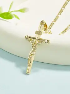Fashion Hip Hop Jesus Cross Pendant Necklace, Luxurious Gold Plated Copper Christian Jewelry, Casual Party Prayer Gift, Exquisite Jewelry Gift, Cross Charm Necklace