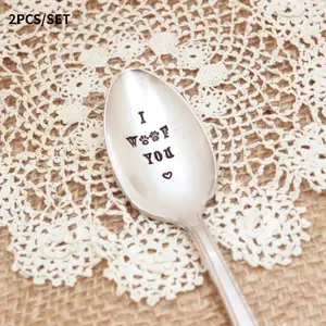 2pcs I Woof You Spoon Hand Stamped Teaspoon Coffee Ice Cream Vintage Silver Plated Silverware Pet Lover Dog Puppy Love Pawprint