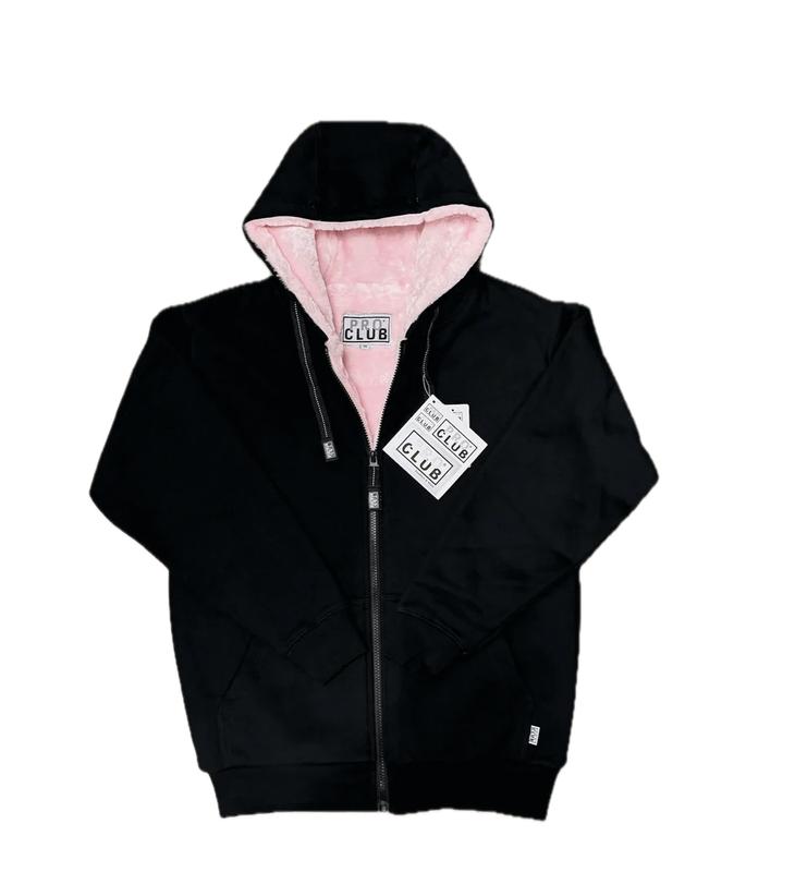 PRO CLUB HEAVYWEIGHT PILE FULL ZIP HOODIE - BLACK/PINK