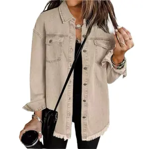Women's Button Up Frayed Hem Shacket Long Sleeve Cotton Denim Jean Jacket with Pockets for Casual Autumn Spring Wear