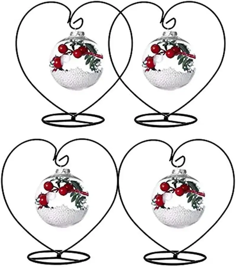 4-Pack Iron Heart-Shaped Ornament Display Stand with Pothook, Decorative Hanger for Glass Terrarium, Wedding Decor, Painted Landscape Globes
