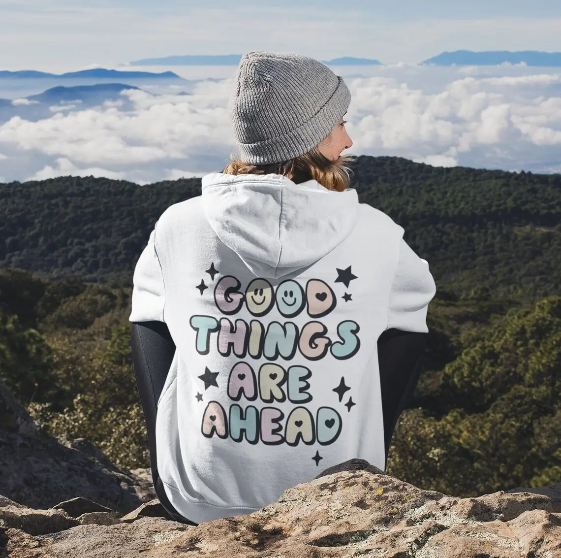 Good Things Are Ahead, Optimistic Unisex Hoodie, Unisex Sweatshirt, Unisex Tee, Colorful Smiley Faces, Inspirational Hooded Sweatshirt, Positive Affirmation Apparel