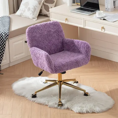 Faux Fur Makeup Vanity Desk Chair, Comfy Fuzzy Office Desk Chair with Wheels & Gold Base, Upholstered Adjustable Swivel Reclining Chair for Bedroom Home Office, Violet