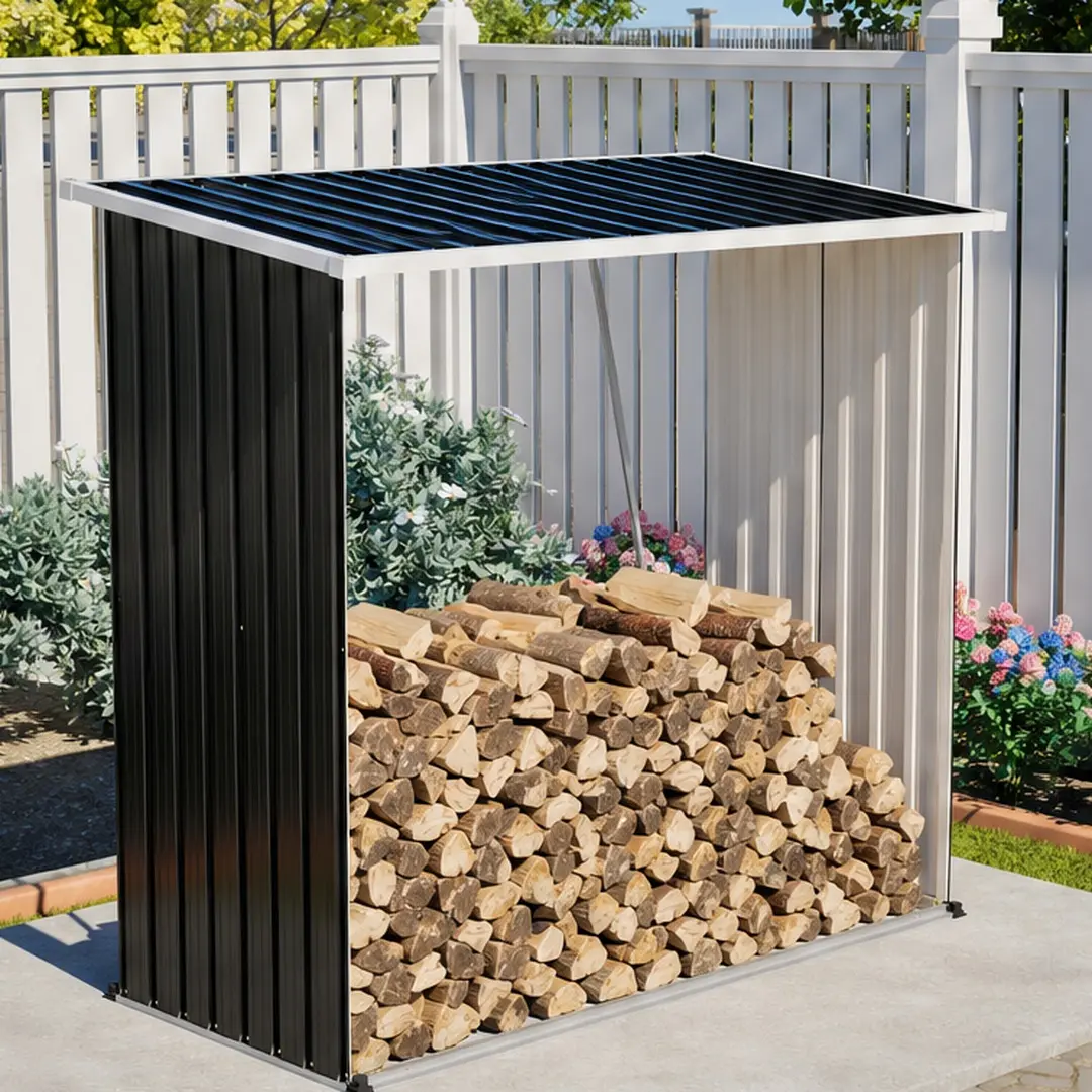 Outdoor Metal Storage Shed 62 Cu Ft Firewood Rack Patio Organizer with Sloped Roof Weatherproof Heavy Duty Rust Proof for Firewood Lawn Mower Yard Tools Black, Black Color Options, Metal Material, Product Weight: Not Applicable lb